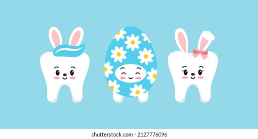 Easter teeth bunny rabbit and egg dental icon set isolated. Dentist easter cute tooth kawaii character with bunny ears tail and egg costume. Flat cartoon vector kids dentistry clip art illustration