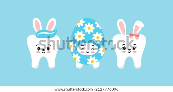 Easter teeth bunny rabbit and egg dental\
icon set isolated. Dentist easter cute tooth kawaii character with\
bunny ears tail and egg costume. Flat cartoon vector kids dentistry\
clip art illustration