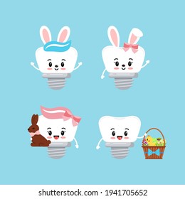 Easter teeth dental implant icon set isolated. Orthodontist dentistry tooth character with easter basket, bunny ears, chocolate rabbit. Flat design cartoon vector clip art dental kid illustration.