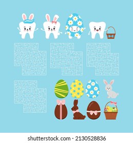 Easter teeth dental maze game creator pack. Cute tooth with rabbit ears, in easter egg costume, additional elements with labyrinth path set. Vector flat design kid puzzle illustration in cartoon style