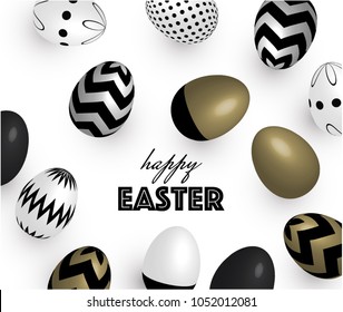 Easter template with black, white and gold 3d eggs. Vector design