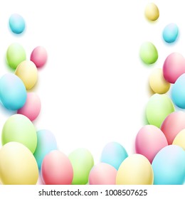 Easter template with colorful eggs on white background.