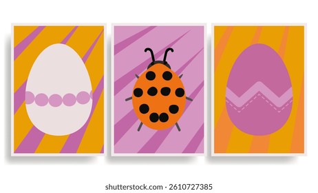 Easter Template Colorful Vector Background Set with Ladybug and Easter Eggs