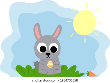 Easter template with cute bunny, rabbit with egg, hand drawn illustration. Modern postcard or invitation for holiday. Vector illustration