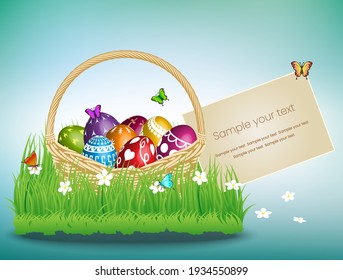 Easter template with Easter eggs in the basket on light blue background.
Greeting cards and presents for Easter Day.