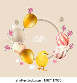 Easter template with eggs, bird and festive symbols of spring holiday.

