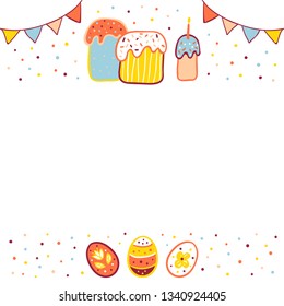 Easter template with eggs, easter cake, flags in doodle style. Useful for posters, invitation, greeting cards, magazine ad. Free place for your text. Vector illustration