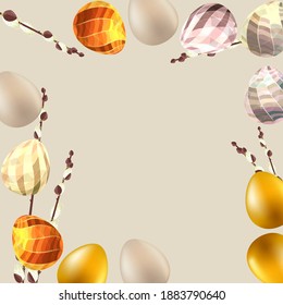 Plantilla de Pascua con huevos, sauce y símbolos festivos de vacaciones de primavera.
