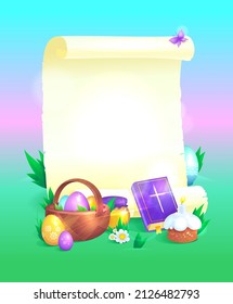 Easter template with empty paper roll with bible, basket, colored eggs, pastry and honey