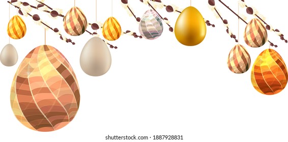 Easter template with hanging eggs on pussy willow.
