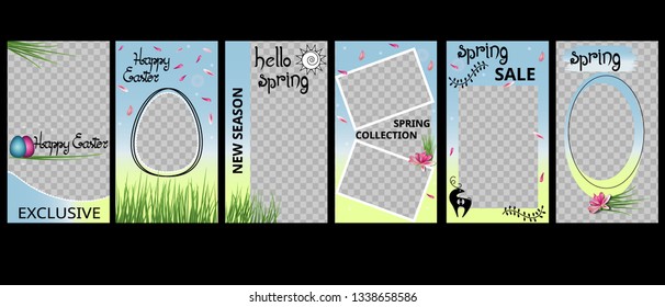 Easter template instagram story set with easter eggs, hand drawn letters grass, flowers, leaves. Decorative elements collection for easter sale, spring sale.  Editable design backgrounds. vector.