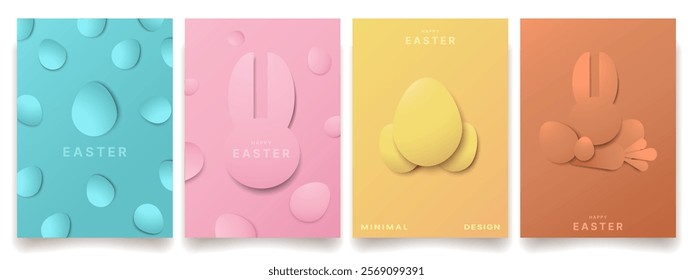 Easter template set with abstract rabbits and eggs on a light bright background in Minimal style Vector illustration.Happy Easter sunday Modern holiday Poster,banners,greeting cards,cover,flyer design