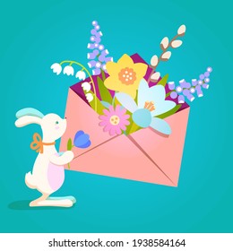 Easter template for your mailing, banners, sales poster, greeting and postcards. White rabbit and envelope with colorful spring flowers. Happy and cute vector illustration for holiday.