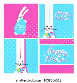 Easter templates collection. Greeting cards with rabbit, eggs and easter lettering. Vector illustration.