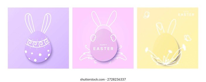 Plantillas de Pascua con huevos y orejas de conejo en papercut y estilo de arte de línea, para tarjetas de felicitación de vacaciones, publicaciones festivas en redes sociales, Anuncios de temporada, decoración imprimible, invitaciones digitales.Vector 