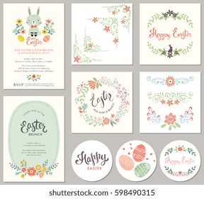 Easter templates with eggs, flowers, floral wreath and branches, ornate corners and dividers, rabbit and typographic design. Good for spring and Easter greeting cards and invitations.