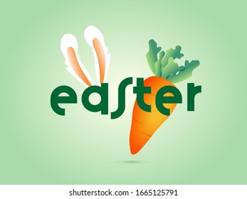 Easter Text with Carrot and Bunny Ear on Glossy Green Background.