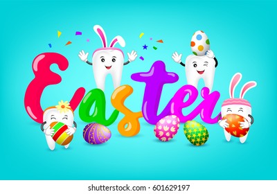 Easter text with cute cartoon white tooth characters. Happy Easter day concept, illustration on blue background.