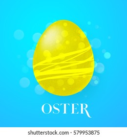 Easter text in German with yellow colored pascal egg on bright blue spring background for  Pascha holiday greeting card.