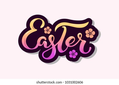 Easter text isolated on textured background. Hand drawn lettering as Easter patch,logo, badge. Template for Happy Easter Day, party invitation, greeting card, web, postcard. Vector illustration.