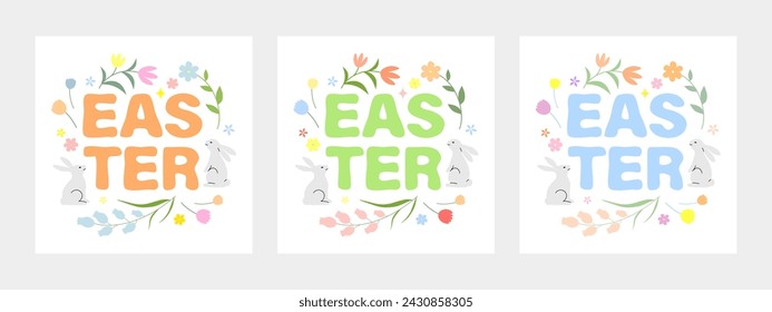 Easter text with rabbits and flowers isolated on a white background. Set of three greeting card.