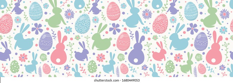 Easter texture with colourful eggs, bunnies and flowers. Seamless pattern. Banner. Vector