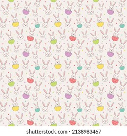 Easter texture with smiley bunnies and eggs. Seamless pattern. Vector