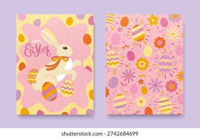 Easter textured posters with cute easter bunny in wavy frame and easter painty eggs and flowers. Holiday backdrop, template for design,web,banner, social media, post, sales. Bright vector illustration