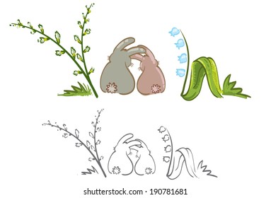 Easter theme, bunnies and lily of the valley