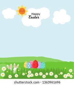 Easter theme with  bunny and colorful eggs in grass and flowers, nature background with cloud, illustration.