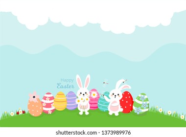 Easter theme with  bunny and colorful eggs in grass and flowers, nature background with cloud,dragonfly,ladybug vector illustration