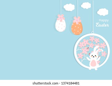 Easter theme with  bunny and colorful Easter eggs on blue background,  vector illustration.
