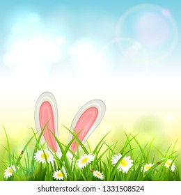 Easter theme with bunny ears. Blue nature background with white rabbit in grass with flowers, illustration.