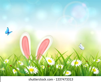 Easter theme with bunny ears. Blue nature background with butterflies and white rabbit in grass with flowers, illustration.