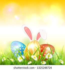 Easter theme with bunny ears and colorful eggs on grass with flowers. Yellow nature background with white rabbit and three Easter eggs, illustration.