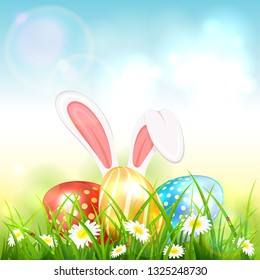 Easter theme with bunny ears and colorful eggs on grass with flowers. Blue nature background with white rabbit and three Easter eggs, illustration.