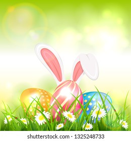 Easter theme with bunny ears and colorful eggs on grass with flowers. Green nature background with white rabbit and three Easter eggs, illustration.