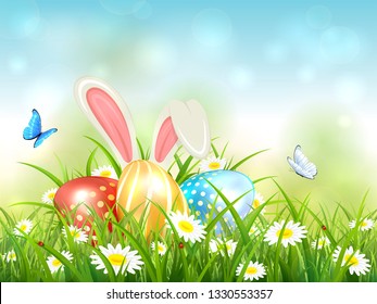 Easter theme with bunny ears and colorful eggs. Blue nature background with butterflies, white rabbit and three Easter eggs in grass with flowers, illustration.