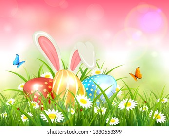 Easter theme with bunny ears and colorful eggs. Pink nature background with butterflies, white rabbit and three Easter eggs in grass with flowers, illustration.