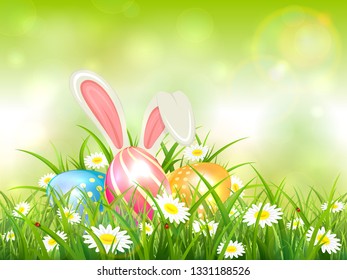 Easter theme with bunny ears and colorful eggs. Green nature background with white rabbit and three Easter eggs in grass with flowers, illustration.