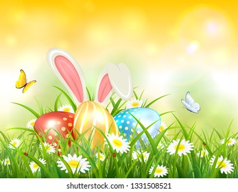 Easter theme with bunny ears and colorful eggs. Yellow nature background with butterflies, white rabbit and three Easter eggs in grass with flowers, illustration.