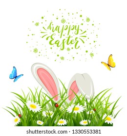 Easter theme with bunny ears in grass isolated on white background. Lettering Happy Easter with butterflies and white rabbit, illustration.