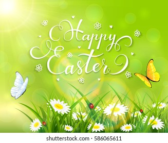 Easter theme with a butterfly flying above the grass and flowers, green nature background with sun beams and lettering Happy Easter, illustration.