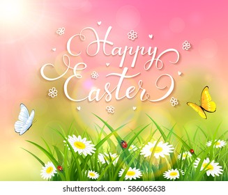 Easter theme with a butterfly flying above the grass and flowers, pink nature background with sun beams and lettering Happy Easter, illustration.