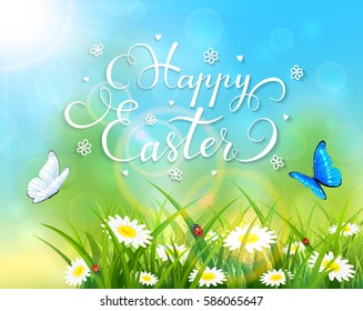 Easter theme with a butterfly flying above the grass and flowers, nature background with sun beams and lettering Happy Easter, illustration.