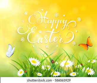Easter theme with a butterfly flying above the grass and flowers, yellow nature background with sun beams and lettering Happy Easter, illustration.