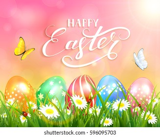 Easter theme with a butterfly flying above the colorful eggs on grass and flowers, pink nature background with sun beams and lettering Happy Easter, illustration.