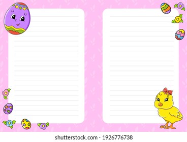 Easter theme. Colored sheet template for notes. Paper page for art journal, notebook, diary, letters, schedule, organizer. Cute cartoon character. Lined sheet. Vector illustration.