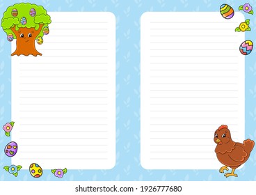 Easter theme. Colored sheet template for notes. Paper page for art journal, notebook, diary, letters, schedule, organizer. Cute cartoon character. Lined sheet. Vector illustration.