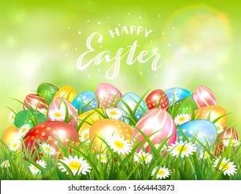 Easter theme with colorful eggs in the grass with flowers. Lettering Happy Easter on green background. Spring nature. Illustration can be used for holiday design and greeting card.